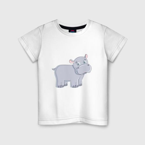 Детская футболка из хлопка с принтом Милый мультяшный бегемот, вид спереди №1