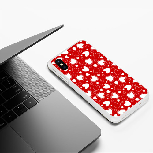 Чехол для iPhone XS Max матовый Белые сердечки на красном фоне, цвет белый - фото 5