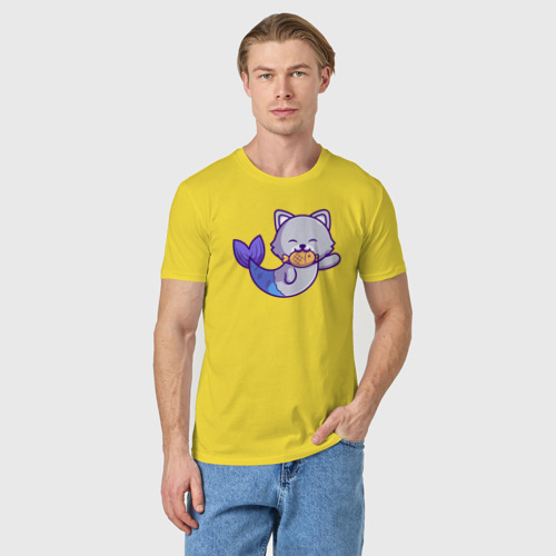 Мужская футболка хлопок с принтом Кошечка русалочка, фото на моделе #1