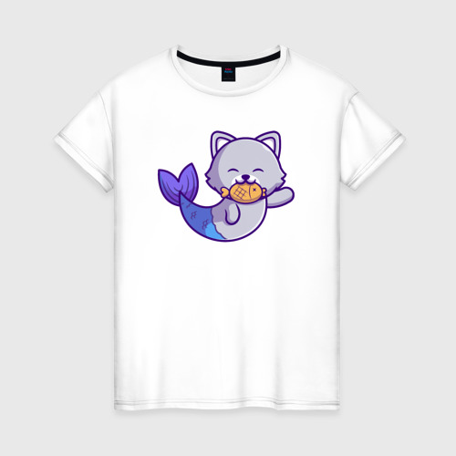 Женская футболка из хлопка с принтом Кошечка русалочка, вид спереди №1
