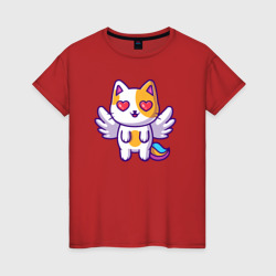 Влюблённый котик ангелок – Женская футболка хлопок с принтом купить со скидкой в -20%