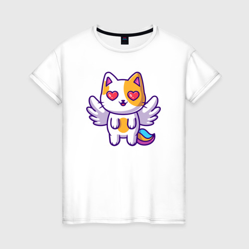 Женская футболка из хлопка с принтом Влюблённый котик ангелок, вид спереди №1
