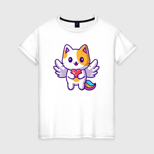Женская футболка из хлопка с принтом Котик ангел с сердцем, вид спереди №1