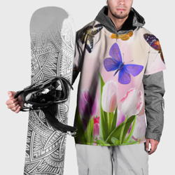 Накидка на куртку 3D Настоящие бабочки на фоне тульпанов