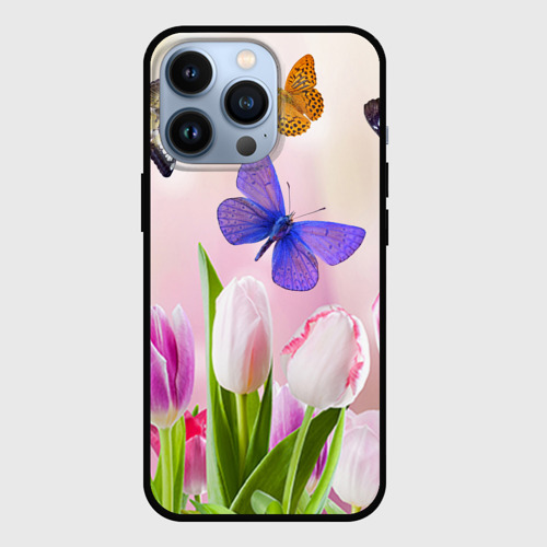 Чехол для iPhone 13 Pro с принтом Настоящие бабочки на фоне тульпанов, вид спереди #2