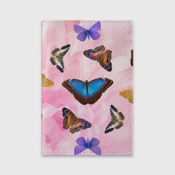 Обложка для паспорта матовая кожа Настоящие бабочки на розовом цветке