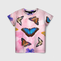 Детская футболка 3D Настоящие бабочки на розовом цветке