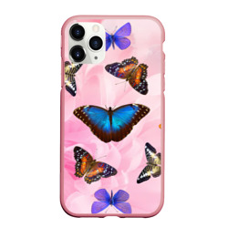 Чехол для iPhone 11 Pro Max матовый Настоящие бабочки на розовом цветке