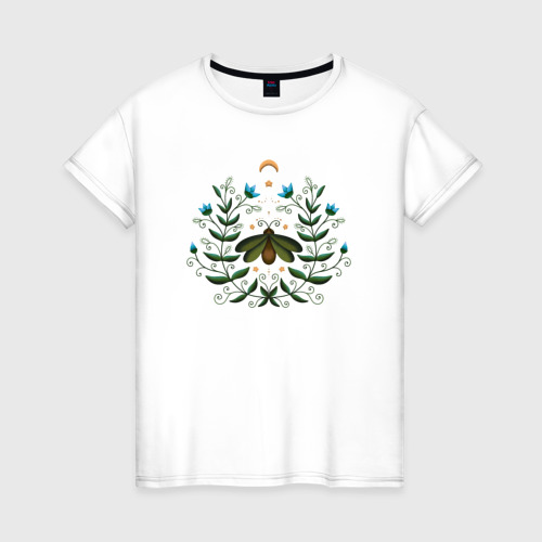 Женская футболка из хлопка с принтом Луна и мотылек в траве, вид спереди №1