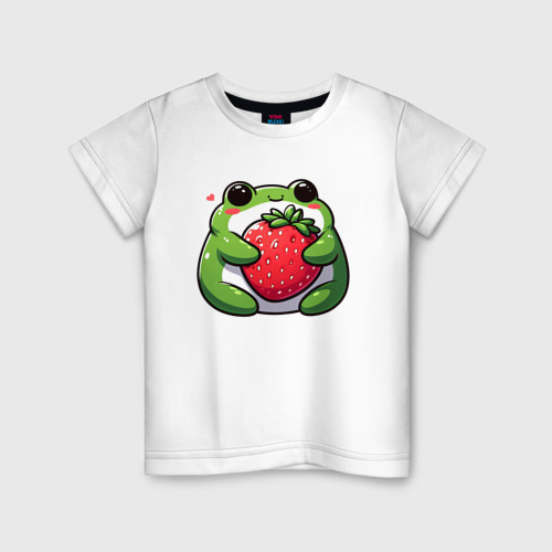 Детская футболка из хлопка с принтом Толстая лягушка обнимает клубнику, вид спереди №1