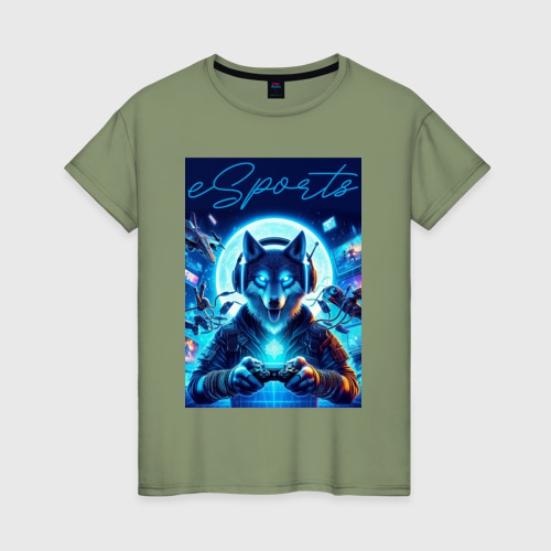 Женская футболка хлопок с принтом Волчара - крутой геймер, вид спереди #2