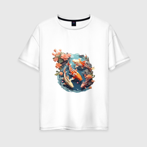 Женская футболка из хлопка оверсайз с принтом Японские рыбки кои, вид спереди №1