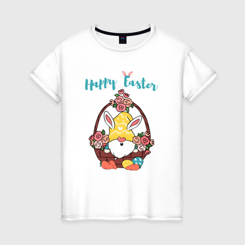 Женская футболка из хлопка с принтом Пасхальный гном с яйцами, вид спереди №1