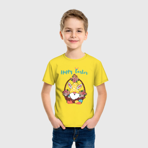 Детская футболка хлопок с принтом Пасхальный гном с яйцами, фото на моделе #1