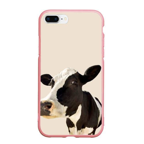 Чехол для iPhone 7Plus/8 Plus матовый с принтом Корова на бежевом фоне, вид спереди #2