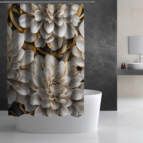 Штора 3D для ванной Фарфоровые белые цветы с золотом - фото 2