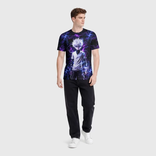 Мужская футболка 3D с принтом Киллуа Золдик и неоновые молнии, вид сбоку #3