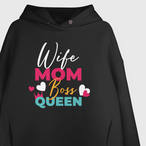 Женское худи Oversize хлопок Wife mom boss queen, цвет черный - фото 3