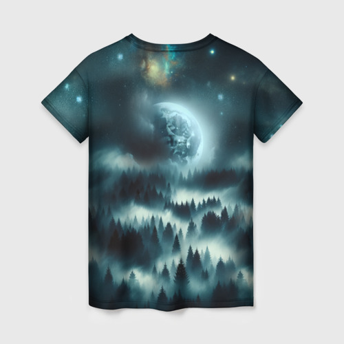Женская футболка 3D с принтом Луна и туман в лесу, вид сзади #1