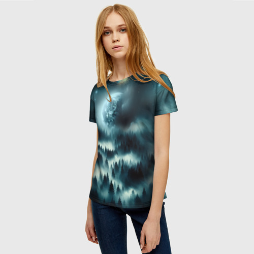 Женская футболка 3D с принтом Луна и туман в лесу, фото на моделе #1