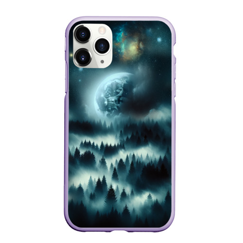 Чехол для iPhone 11 Pro матовый с принтом Луна и туман в лесу, вид спереди #2