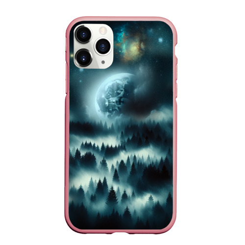 Чехол для iPhone 11 Pro Max матовый с принтом Луна и туман в лесу, вид спереди #2