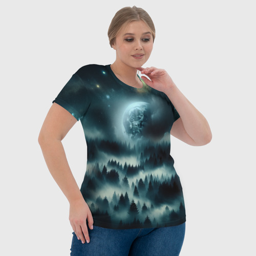 Женская футболка 3D с принтом Луна и туман в лесу, фото #4