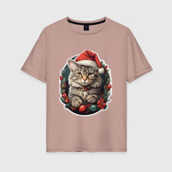 Женская футболка хлопок Oversize Рождественский кот 1