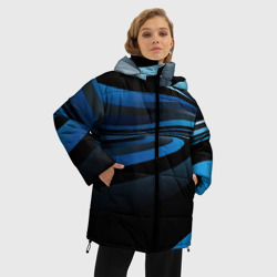 Куртка с принтом Черные и синие волны  абстрактные для женщины, вид на модели спереди №2. Цвет основы: черный