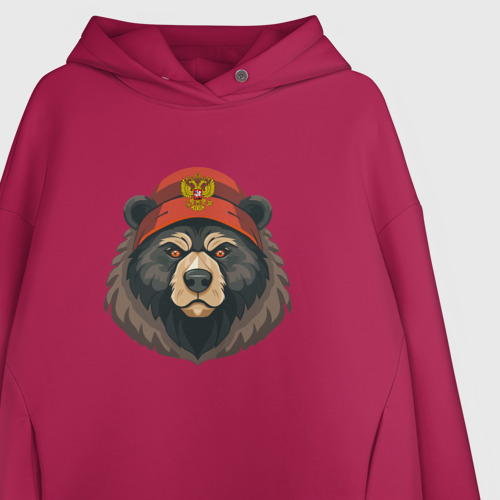 Женское худи Oversize хлопок с принтом Русский медведь в шапке с гербом, фото на моделе #1