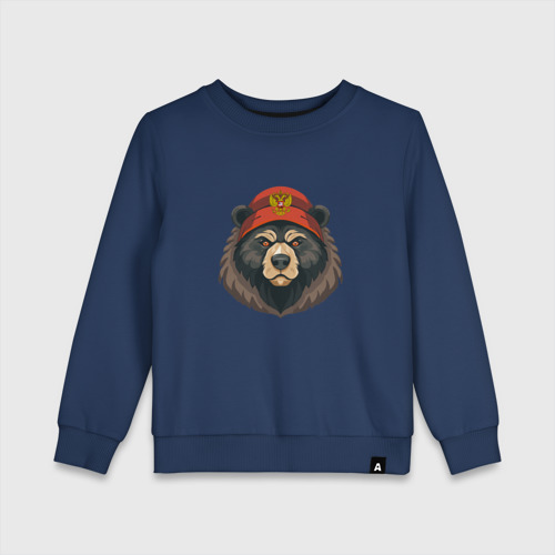 Детский свитшот хлопок с принтом Русский медведь в шапке с гербом, вид спереди #2