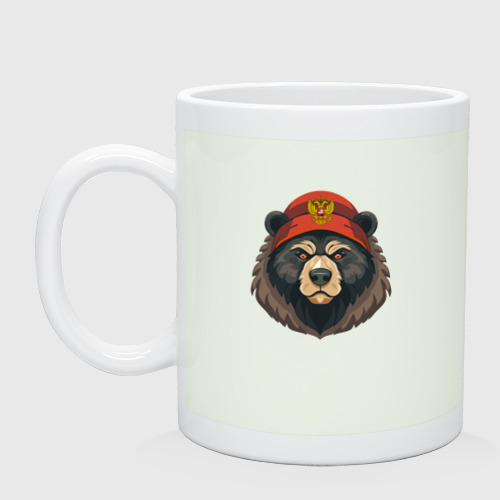 Кружка керамическая с принтом Русский медведь в шапке с гербом, вид спереди #2