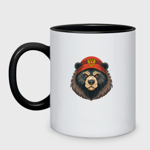 Кружка двухцветная с принтом Русский медведь в шапке с гербом, вид спереди #2