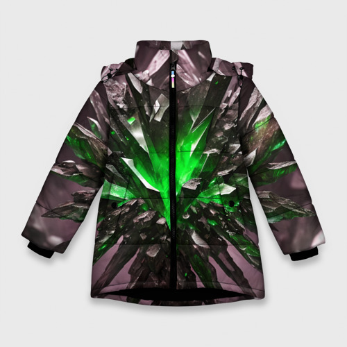 Зимняя куртка для девочек с принтом Зелёный драгоценный камень, вид спереди №1