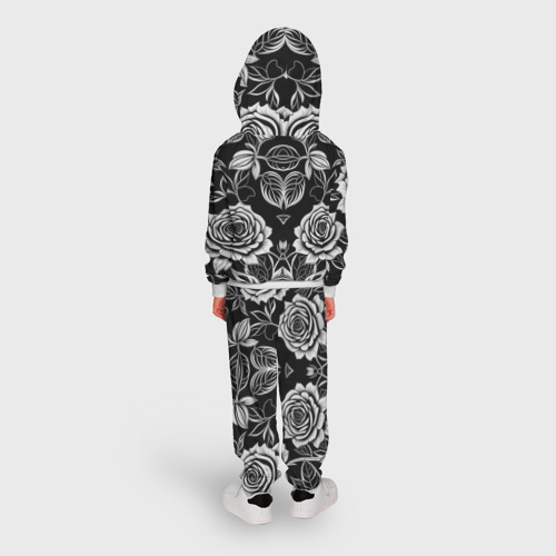 Детский костюм с толстовкой с принтом Чёрно белые узоры роза, вид сзади #2
