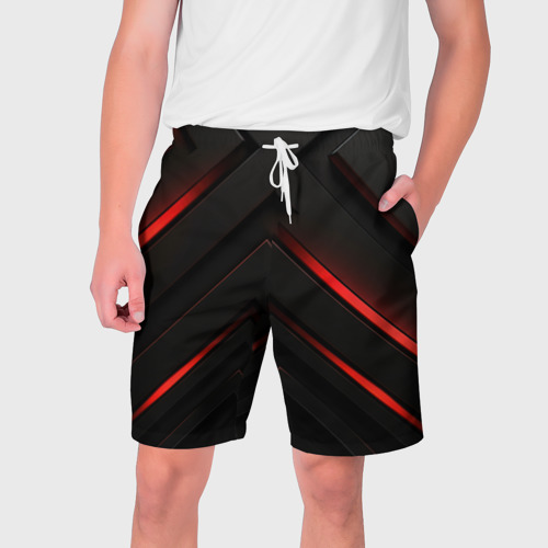 Мужские шорты с принтом Яркий красный  свет  из  черной  абстракции, вид спереди №1