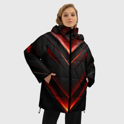 Женская зимняя куртка Oversize Красные неоновые  полосы  на  черной  абстракции - фото 2