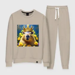 Женский костюм хлопок Мем капибара царь на троне и желтые цветы