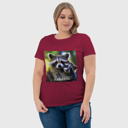 Женская футболка хлопок Два влюбленных енота: любить, цвет маджента - фото 6