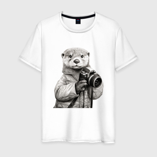 Мужская футболка из хлопка с принтом Выдра фотограф, вид спереди №1