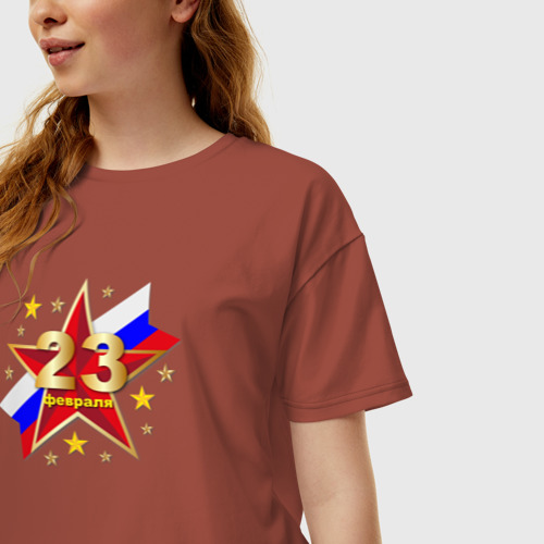 Женская футболка хлопок Oversize На фоне звезды и триколора надпись 23 февраля, цвет кирпичный - фото 3