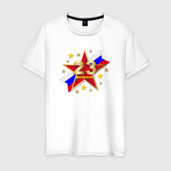 На фоне звезды и триколора надпись 23 февраля – Мужская футболка хлопок с принтом купить со скидкой в -20%