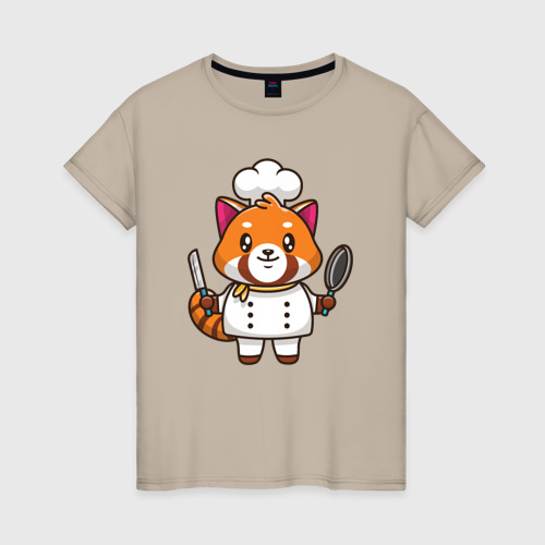 Женская футболка хлопок с принтом Красная панда повар, вид спереди #2