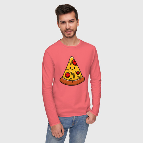 Мужской лонгслив хлопок с принтом Smiling pizza, фото на моделе #1