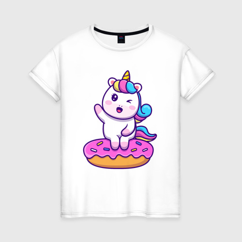 Женская футболка из хлопка с принтом Donut unicorn, вид спереди №1