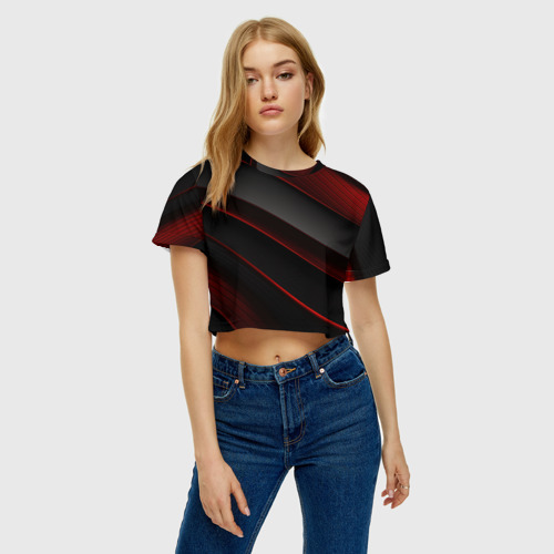 Женская футболка Crop-top 3D Красная абстракция с черными линиями, цвет 3D печать - фото 3