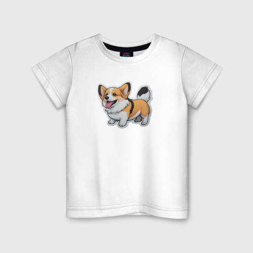 Детская футболка из хлопка с принтом Пушистый корги, вид спереди №1