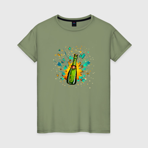 Женская футболка хлопок с принтом Шампанское и фейерверк с конфетти, вид спереди #2