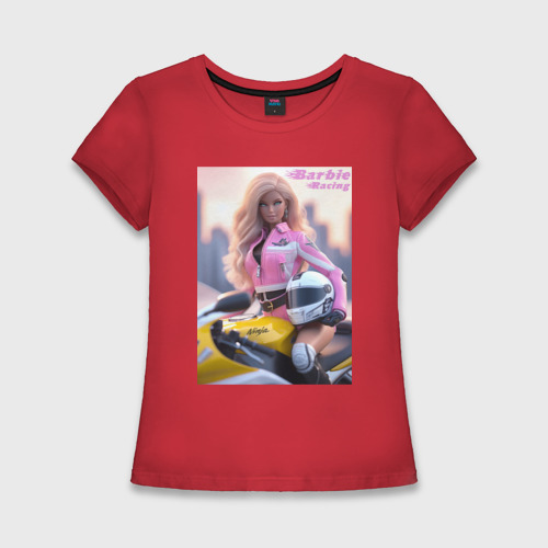 Женская футболка хлопок Slim Barbie racing - ai art, цвет красный