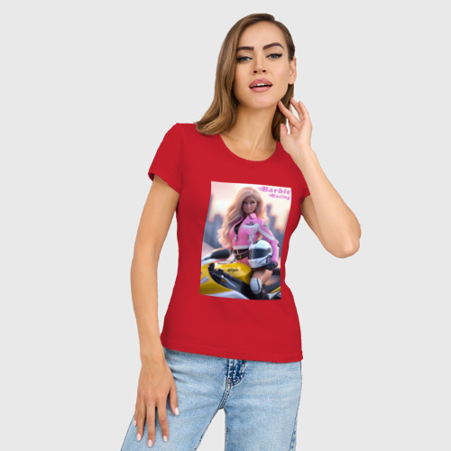 Женская футболка хлопок Slim Barbie racing - ai art, цвет красный - фото 3